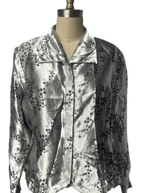 Vtg 90s Y2K Career Button Up Blouse Top SZ 10 Asian Cherry Blossoms Silver
